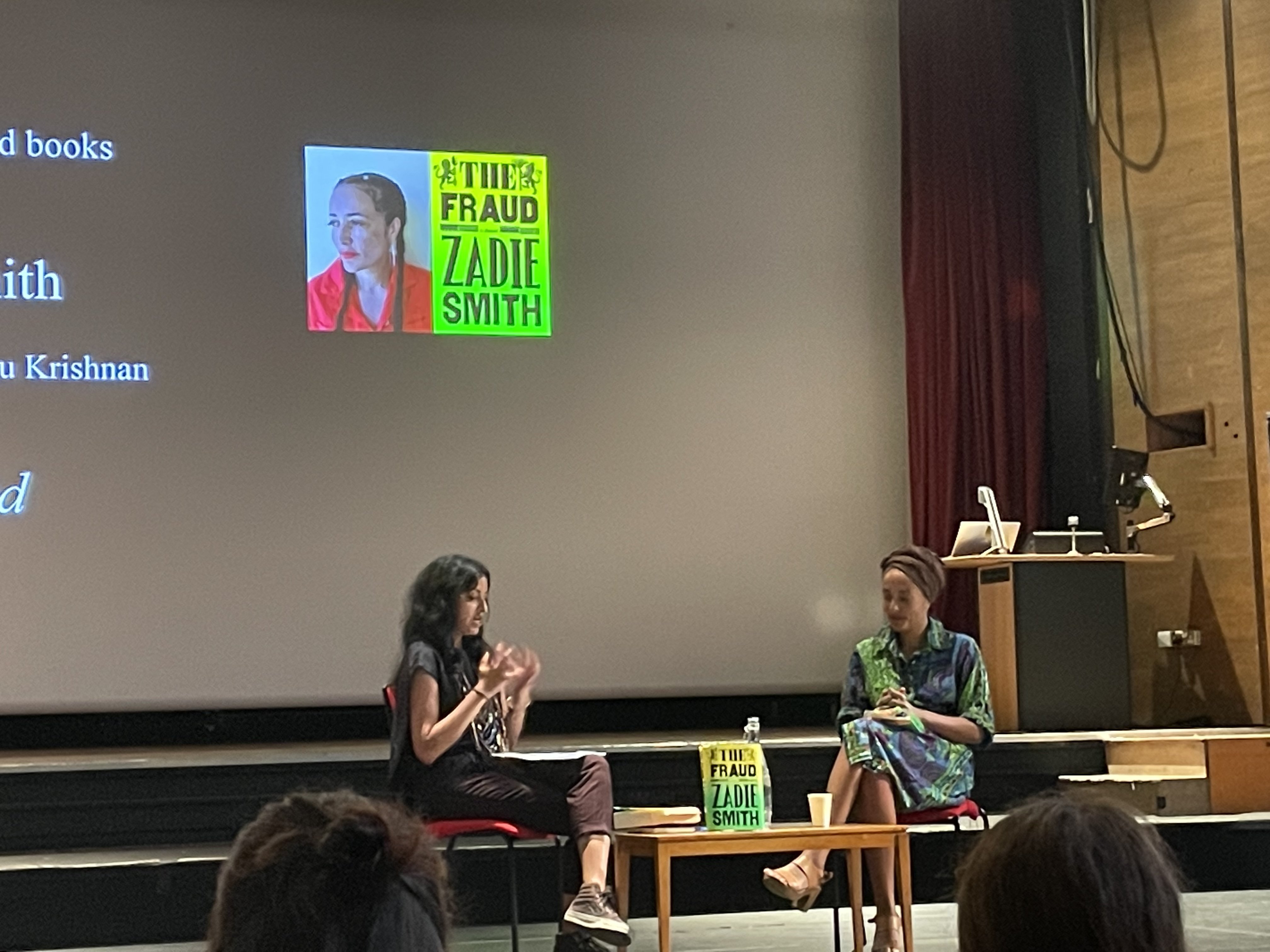 Photograph of conversation between Madhu Krishnan and Zadie Smith